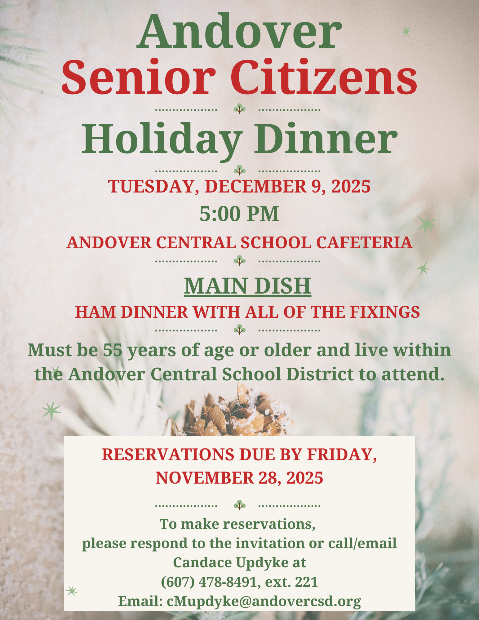 Flyer with pine cone and winter background announcing Senior Citizens Holiday Dinner on December 9th, 2025, at Andover Central School.